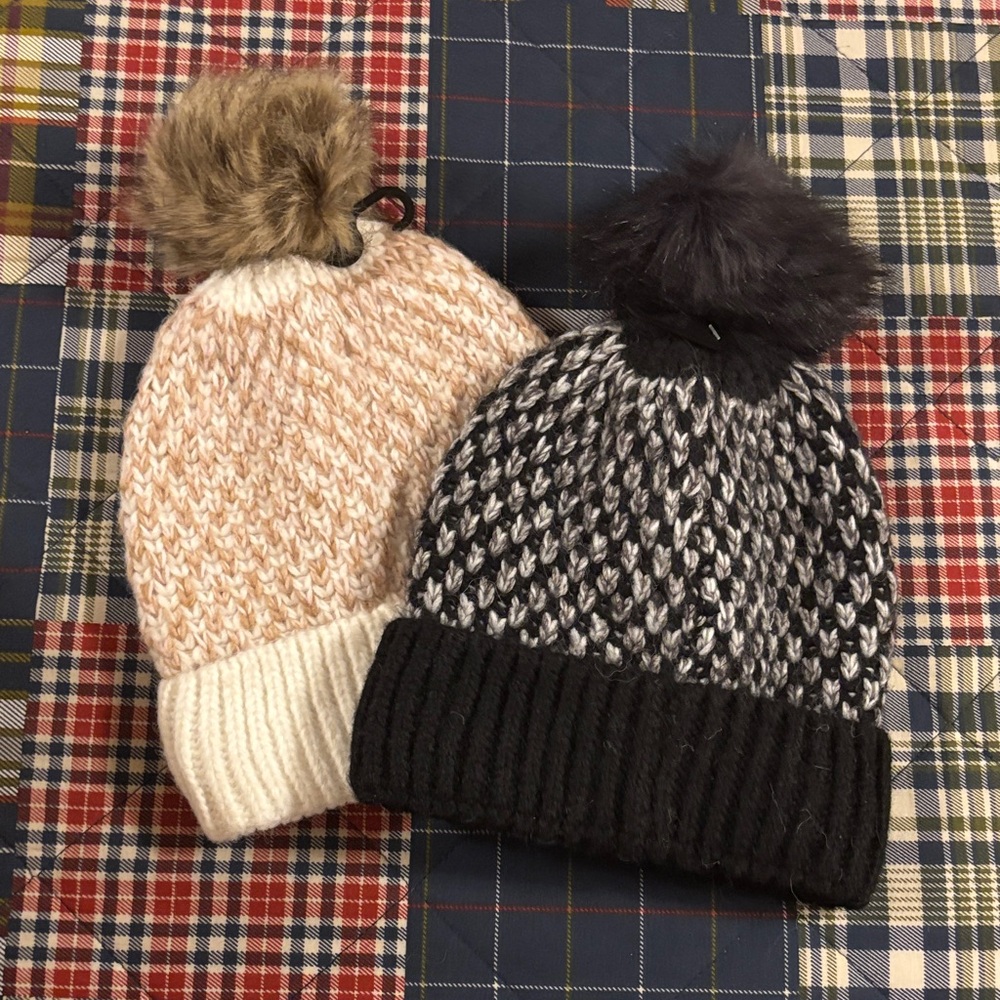 Knit Beanies with Poms- Black and Cream